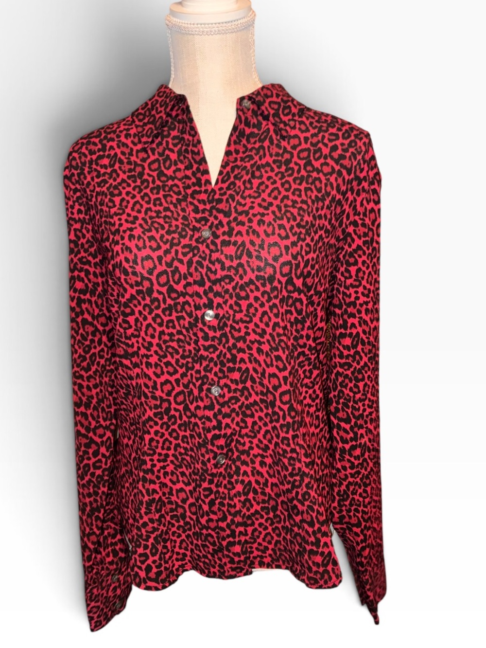 New York & Company Red and Black Leopard Print Button-Down Blouse